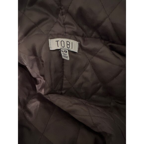 Tobi Green Coat Fur Hooded Parka Faux Leather Sleeves Quilted Lining Size Large - Picture 9 of 9